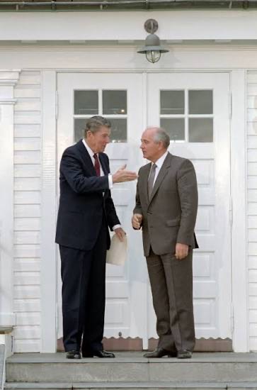 President Ronald Reagan and Soviet General Secretary Mikhail Gorbachev outside Hofdi House in Reykjavik